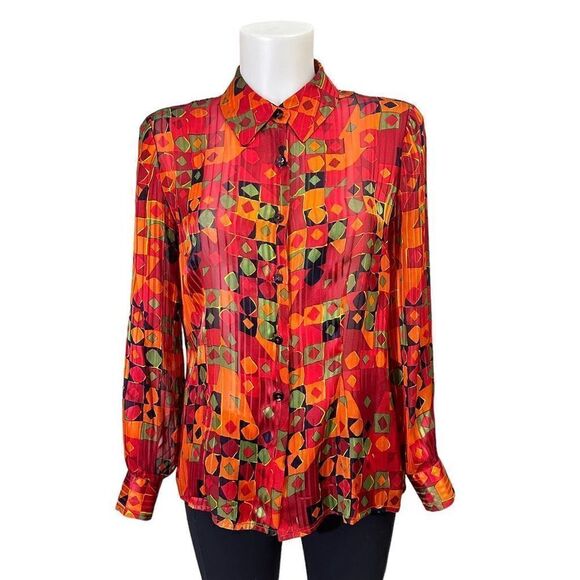 LUCA LUCA 100% Silk Sheer Multicolored Geometric Print Button Front Top sz 44 /M - Picture 1 of 7